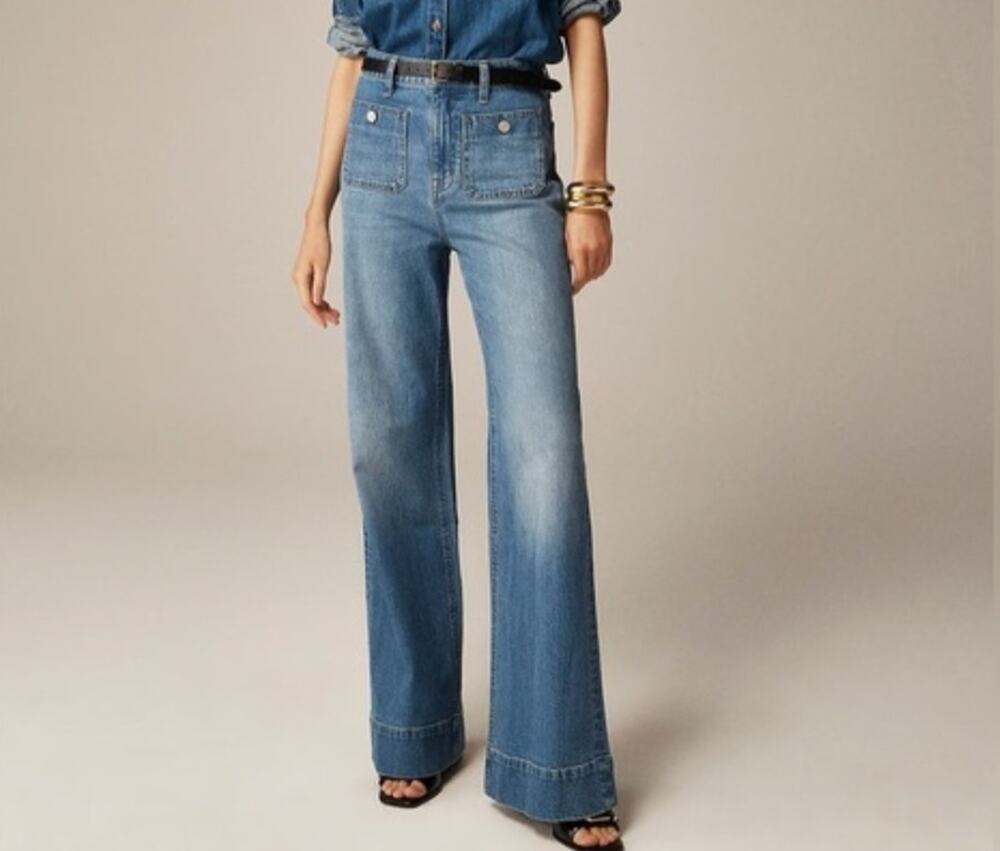 J. Crew Jeans Women's 27 Blue Sailor Denim Trouser Wide Lwg '96 Patch Pocket